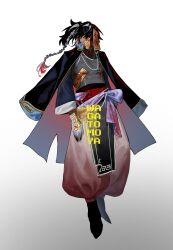  1boy adoptable artist_name belt black_cape black_hair blue_skin braid braided_twintails cape colored_skin commentary_request full_body gradient_background gradient_pants grey_hair grey_vest highres jiangshi long_hair multicolored_hair original pants puffy_pants purple_belt red_streaks sash shoes solo streaked_hair thai_commentary translation_request unholymilk vest 