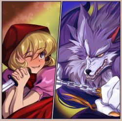  1boy 1girl absurdres b.b._hood blonde_hair blue_eyes blush chain claws darkstalkers dress furry furry_male highres holding holding_chain holding_knife holding_weapon hood jon_talbain knife one_eye_closed own_hands_clasped own_hands_together protected_link puffy_short_sleeves puffy_sleeves red_hood rozavamp sharp_teeth short_hair short_sleeves smile split_screen teeth weapon werewolf wolf wolf_boy yellow_eyes 