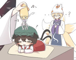  3girls ? animal_ears blonde_hair blue_tabard blush brown_hair cat_ears cat_girl cat_tail chen commentary confused dress fox_girl fox_tail gap_(touhou) hat highres holding holding_toy kitsune kyuubi long_sleeves looking_at_another lying multiple_girls multiple_tails musical_note on_stomach own_hands_together parted_lips red_dress shirt smile squid tabard tail touhou toy two_tails umyo_(uu_o3o_8) white_background white_dress white_shirt yakumo_ran yakumo_yukari 