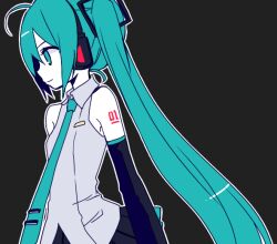  1girl ahoge aqua_eyes aqua_hair aqua_necktie bare_shoulders black_background black_skirt detached_sleeves from_side grey_shirt hatsune_miku headset long_hair looking_to_the_side necktie niboshi number_tattoo outline pleated_skirt shirt shoulder_tattoo simple_background skirt sleeveless sleeveless_shirt solo tattoo twintails vocaloid white_outline 