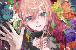  1girl 1other absurdres black_shirt blue_flower blue_rose blush cleavage_cutout clothing_cutout commentary_request double-parted_bangs eyes_visible_through_hair fingernails flower grin hair_between_eyes head_tilt highres kani_samurai leaf leia_(vocaloid) lips long_hair looking_at_viewer megurine_luka parted_lips pink_flower pink_hair portrait pov pov_hands purple_flower rose shirt sidelocks smile solo_focus straight-on turtleneck turtleneck_shirt vocaloid white_flower yellow_flower yellow_rose 