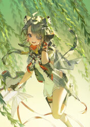  1girl absurdres animal_ears arknights arknights:_endfield black_gloves black_hair black_shorts blue_eyes chinese_commentary commentary_request eyepatch fingerless_gloves gloves highres kite long_hair looking_at_viewer miguaren multicolored_gloves one_eye_covered open_mouth outdoors shorts solo tail tangtang_(arknights) tiger_ears tiger_girl tiger_tail two-sided_gloves two-tone_gloves 