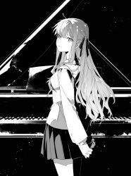  1girl arms_behind_back bang_dream! bang_dream!_it's_mygo!!!!! black_background closed_mouth cowboy_shot from_side greyscale hair_ribbon highres instrument jacket long_hair long_sleeves looking_at_viewer midori97 monochrome own_hands_together piano pleated_skirt ribbon school_uniform sidelocks skirt solo standing togawa_sakiko two_side_up 