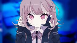  1girl brown_hair collared_shirt commentary_request danganronpa_(series) danganronpa_2:_goodbye_despair flipped_hair fm_3ie hair_ornament headset highres jacket long_sleeves looking_at_viewer medium_hair nanami_chiaki neck_ribbon open_clothes open_jacket pink_eyes pink_ribbon portrait ribbon shirt solo white_shirt 