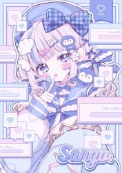  1girl :p artist_name bandaid bandaid_on_cheek bandaid_on_face beret blue_bow blue_bowtie blue_eyes blue_hat blue_jacket blue_streaks blunt_bangs blush bow bowtie closed_mouth commentary_request flower frilled_sleeves frills gingham_bow gingham_bowtie grey_hair hair_bow hair_flower hair_ornament hand_up hat heart index_finger_raised jacket long_hair long_sleeves looking_at_viewer multicolored_hair original outline sango_(35sangosan) solo spoken_heart streaked_hair tongue tongue_out upper_body white_outline window_(computing) 