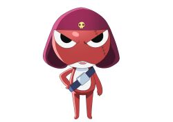  1boy alien belt black_eyes colored_skin frog full_body giroro hat keroro_gunsou looking_at_viewer no_humans official_art open_mouth red_hat red_skin scar scar_on_face simple_background skull solo standing teeth white_background 