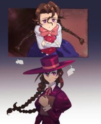  1girl absurdres aged_down aged_up anita_(darkstalkers) blue_dress book bow bowtie braid brown_hair closed_mouth collared_shirt darkstalkers doll dress ghost gradient_background hair_between_eyes hat highres holding holding_book holding_doll hugging_book hugging_object juliet_sleeves long_hair long_sleeves looking_at_viewer multiple_girls neck_ribbon pink_bow protected_link puffy_sleeves purple_dress red_dress ribbon rozavamp shirt top_hat twin_braids violet_eyes white_shirt 