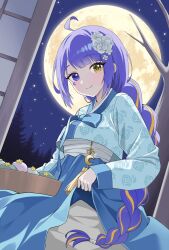  1girl ahoge aqua_kimono bandages blonde_streaks braid character_request closed_mouth clothes_lift commentary_request commission copyright_request crescent crescent_facial_mark crescent_ornament dot_nose facial_mark facing_to_the_side floral_print flower hair_flower hair_ornament heterochromia highres holding holding_tray japanese_clothes kimono lifting_own_clothes light_blush long_hair looking_at_viewer moon multicolored_hair night prock purple_hair sidelocks single_braid sitting sky smile solo star_(sky) starry_sky streaked_hair tray tree two-tone_hair very_long_hair violet_eyes yellow_eyes 
