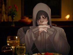  1boy averting_eyes bag bags_under_eyes black_hair black_nails broad_shoulders commentary cry_of_fear grey_hoodie hood hood_up hoodie looking_to_the_side male_focus nekron171106 own_hands_together photo_background short_hair shoulder_bag simon_henriksson solo 