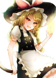  1girl apron black_hat black_skirt black_vest blonde_hair braid broom broom_riding commentary_request hat hat_with_ears highres hikage_(0hi_kageo) kirisame_marisa long_hair looking_at_viewer open_mouth orange_eyes puffy_short_sleeves puffy_sleeves short_sleeves side_braid single_braid skirt smile solo touhou unfinished_dream_of_all_living_ghost vest waist_apron white_apron witch_hat 