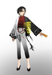  1boy adoptable artist_name black_sleeves blonde_streaks braid braided_ponytail chinese_knot commentary_request earrings full_body gradient_background gradient_pants grey_background grey_pants grey_robe grey_streaks highres jewelry long_hair looking_at_viewer multicolored_hair original pants red_shirt ring robe shirt single_earring standing streaked_hair tassel thai_commentary two-tone_robe unholymilk very_long_hair white_robe wide_sleeves yellow_eyes 