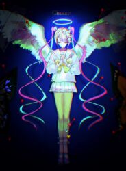  1girl angel_wings blue_hair blue_skirt bug butterfly chouzetsusaikawa_tenshi-chan commentary_request halo highres interlocked_fingers long_hair long_sleeves needy_girl_overdose own_hands_clasped own_hands_together pao_(i_loxe_u) pink_hair praying quad_tails sailor_collar school_uniform serafuku shirt skirt solo very_long_hair white_sailor_collar white_shirt wings 