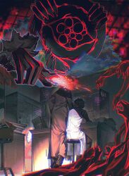  3boys absurdres armband black_coat black_hair black_pants cabinet censored censored_identity chromatic_aberration coat cunduwuyong desk disembodied_hand distortion_(project_moon) dual_persona extra_arms extra_eyes from_behind full_body giant glitch highres hohenheim_(project_moon) holding johann_(project_moon) lab_coat laboratory limbus_company long_sleeves male_focus monster multiple_boys on_stool pants paper_stack pointing project_moon short_hair sitting stool white_coat 