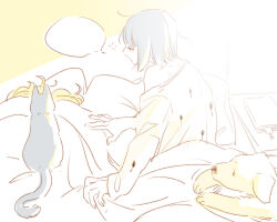  2boys androgynous animal animal_focus bare_shoulders bed blanket bruno_bucciarati cat dog giorno_giovanna jojo_no_kimyou_na_bouken lineart luminous_slime male_focus monochrome multiple_boys off_shoulder petting shirt short_hair sketch sleeping speech_bubble sunlight vento_aureo white_hair 