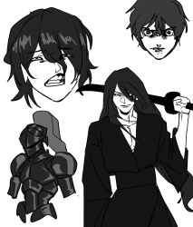  1boy armor black_hair black_robe black_tunic cowboy_shot highres holding holding_sword holding_weapon knight long_hair male_focus over_shoulder pectoral_cleavage pectorals robe sh1fted_1 shadow_slave solo sunny_(shadow_slave) sword tunic weapon weapon_over_shoulder 