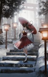  1girl absurdres ascot black_shoes bow chest_sarashi chinese_commentary commentary_request detached_sleeves frilled_bow frilled_hair_tubes frills full_body hair_bow hair_tubes hakurei_reimu highres holding holding_umbrella kino_(user_scft3885) looking_at_viewer navel oil-paper_umbrella outdoors parted_lips red_bow red_skirt red_umbrella ribbon-trimmed_sleeves ribbon_trim sarashi shoes skirt skirt_set snow socks solo torii touhou umbrella white_socks yellow_ascot 