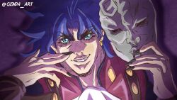  1boy alternate_universe ascot black_nails blue_eyes blue_hair commentary earrings english_commentary fingernails genda_art grin high_collar highres holding holding_mask jewelry jojo_no_kimyou_na_bouken jonathan_joestar long_fingernails looking_at_viewer male_focus mask official_style phantom_blood red_shirt sharp_fingernails shirt smile solo stone_mask_(jojo) twitter_username vampire white_ascot 