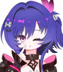  1girl black_jacket choker commentary_request copyright_request flat_chest goth_fashion highres jacket prune_(genshin_impact) purple_hair side_ponytail violet_eyes 