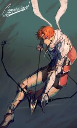  1boy absurdres armor arrow_(projectile) bow_(weapon) commentary commission drawing_bow english_commentary full_body green_eyes highres holding holding_arrow holding_bow_(weapon) holding_weapon kai_(shadow_slave) knee_up male_focus narrowed_eyes notepic orange_hair parted_lips partially_shaded_face scarf serious shadow_slave short_hair shoulder_armor sidelighting solo weapon 