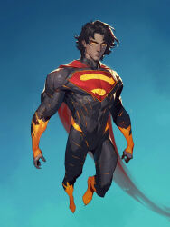  1boy absolute_dc absolute_superman black_hair bodysuit cape dc_comics flying glowing glowing_eyes grey_bodysuit highres male_focus multicolored_suit solo superhero_costume superman_(absolute_dc) superman_logo taurooaldebaran 