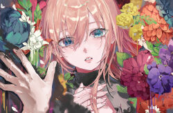  1girl 1other absurdres black_shirt blue_flower blue_rose blush cleavage_cutout clothing_cutout commentary_request double-parted_bangs expressionless eyes_visible_through_hair fingernails flower hair_between_eyes head_tilt highres kani_samurai leaf leia_(vocaloid) lips long_hair looking_at_viewer megurine_luka parted_lips pink_flower pink_hair portrait pov pov_hands purple_flower rose shirt sidelocks solo_focus straight-on turtleneck turtleneck_shirt vocaloid white_flower yellow_flower yellow_rose 