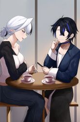  2girls absurdres bare_shoulders black_hair black_sleeves blue_hair blue_jacket blue_streaks breasts cellphone coffee coffee_mug cup denim eileennoir faceless faceless_female hair_bun highres indie_virtual_youtuber jacket jeans large_breasts medium_breasts mug multicolored_hair multiple_girls on_stool open_mouth pants phone pointy_ears shirt shorts si_farid single_bare_shoulder single_hair_bun sitting smile stool streaked_hair table thigh-highs two-tone_hair violet_eyes virtual_youtuber white_hair white_shirt 
