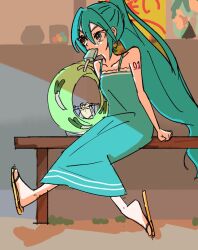  1girl alternate_hairstyle aqua_dress aqua_eyes aqua_hair bare_arms bench biting breasts collarbone commentary_request dress facing_to_the_side food food_in_mouth frills hair_between_eyes hatsune_miku highres lifebuoy long_hair meru_00224 number_tattoo ponytail popsicle popsicle_in_mouth poster_(object) sandals shoulder_tattoo sitting skinny sleeveless small_breasts snake_mouth solo spring_onion_print swim_ring tattoo very_long_hair vocaloid wooden_bench 