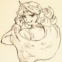  1girl commentary_request cuffs grin horns hoshiguma_yuugi long_hair looking_at_viewer menotama multi-source_commentary oni pointy_ears shackles shirt short_sleeves single_horn smile solo touhou traditional_media upper_body 