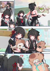  !? 3girls abby_(wuthering_waves) arm_cutout bare_shoulders black_bow black_choker black_dress black_hair black_jacket black_serafuku black_shirt black_skirt bow chisa_(wuthering_waves) choker closed_eyes clothing_cutout commentary_request dress elbow_pads female_rover_(wuthering_waves) hair_bow hair_ribbon highres jacket jelly_drink long_hair long_sleeves looking_at_another low_ponytail lynae_(wuthering_waves) mascot_costume multiple_girls namipon_(wuthering_waves) notice_lines open_mouth ponytail red_eyes red_ribbon ribbon rover_(wuthering_waves) sailor_collar school_uniform serafuku shirt skirt sleeveless sleeveless_dress smile starblame tacet_mark_(wuthering_waves) white_sailor_collar wuthering_waves yellow_eyes yellow_ribbon 