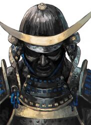  1other aoin armor black_armor blue_rope commentary_request covered_face dou facing_down fukigaeshi gold_trim helmet japanese_armor kabuto_(helmet) mask nodowa_(gorget) original rope samurai shikoro shoulder_armor simple_background sode solo upper_body white_background 