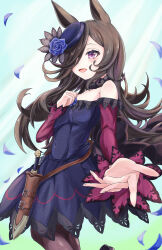  1girl absurdres animal_ears bare_shoulders black_thighhighs blue_dress blue_flower blue_hat blue_rose blush breasts brown_hair commentary_request dagger dress flipped_hair flower fur_choker hair_over_one_eye hat hat_flower highres horse_ears horse_girl horse_tail knife long_hair long_sleeves niros off-shoulder_dress off_shoulder open_mouth rice_shower_(rosy_dreams)_(umamusume) rice_shower_(umamusume) rose sheath sheathed small_breasts smile solo tail thigh-highs tilted_headwear umamusume violet_eyes weapon 