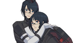  2girls android artist_name black_hair black_hat blue_eyes commentary eule_(signalis) eyeshadow hat highres hug makeup multiple_girls red_eyeshadow short_hair signalis simple_background skin_seams star_(signalis) upper_body white_background xuuikie_ashe 