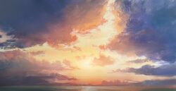  clouds commentary furumiya-underson highres horizon no_humans ocean orange_sky original outdoors scenery sky sun sunset untranslatable_commentary water 