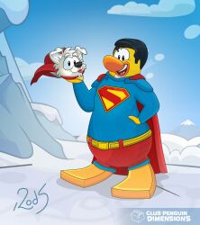  1boy absurdres black_hair blue_bodysuit bodysuit cape club_penguin cosplay day dc_comics dog_puffle english_text furrification furry furry_male highres krypto_the_superdog open_mouth outdoors pants penguin_boy puffle_(club_penguin) red_cape red_pants short_hair signature superhero_costume superman superman_(cosplay) superman_(series) teeth triforcevenus upper_teeth_only white_fur yellow_fur 
