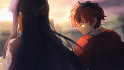  1boy 1girl absurdres arc_pic artist_name blurry blurry_background closed_mouth commentary_request depth_of_field dress dusk fern_(sousou_no_frieren) from_behind hair_ornament highres jacket long_hair looking_at_another looking_to_the_side multicolored_hair outdoors profile purple_dress purple_hair red_hair red_jacket roots_(hair) short_hair smile sousou_no_frieren stark_(sousou_no_frieren) watermark 