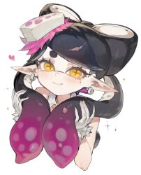  1girl black_hair bunching_hair callie_(splatoon) callie_(squid_sisters_outfit)_(splatoon) closed_mouth commentary_request detached_collar earrings fang fang_out food food_on_head gloves heart highres inkling jewelry long_hair looking_at_viewer mole mole_under_eye object_on_head pointy_ears simple_background smile solo sparkle splatoon_(series) splatoon_1 strapless tentacle_hair togetoge white_background white_gloves yellow_eyes 