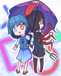 2girls absurdres asymmetrical_wings black_hair black_thighhighs blue_eyes blue_hair blue_skirt blue_vest blue_wings closed_mouth commentary cyanaqua deformed english_commentary geta heterochromia highres holding holding_polearm holding_umbrella holding_weapon houjuu_nue long_sleeves medium_hair mismatched_wings multiple_girls open_mouth polearm red_eyes red_shoes red_wings shirt shoes short_sleeves skirt smile snake tatara_kogasa thigh-highs tongue tongue_out touhou umbrella vest weapon white_shirt wings 