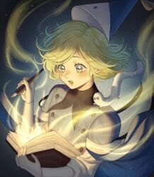  1girl artist_name blue_background book coco_(tongari_boushi_no_atelier) commentary english_commentary eyelashes floating_hair green_eyes green_hair hat hat_tassel highres holding holding_book holding_pen magic open_mouth pen short_hair solo taiyerdd tassel tongari_boushi_no_atelier twitter_username upper_body watermark witch_hat 