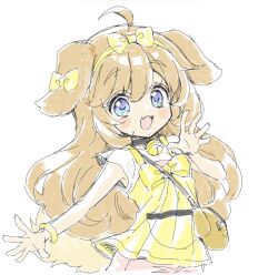  1girl ahoge animal_ears bag bell blue_eyes blush bow brown_hair butter_(trickcal) commentary_request dog_ears dog_girl dog_tail droopy_ears fang hair_bow highres humanization jingle_bell long_hair neck_bell open_mouth pink_shorts pouch ribbon satchel shirt short_sleeves shorts simple_background solo tail trickcal upper_body white_background white_shirt yellow_ribbon yellow_shirt yukiwo 