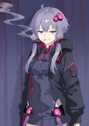 1girl absurdres alternate_costume black_jacket breasts cigarette clothing_cutout commentary_request cowboy_shot cyberpunk dress grin hair_ornament half-closed_eyes highres hip_vent jacket mouth_hold purple_hair rust short_hair_with_long_locks small_breasts smile smoke smoking solo stonehengeisan teeth_hold tsurime turtleneck turtleneck_dress violet_eyes voiceroid yuzuki_yukari 