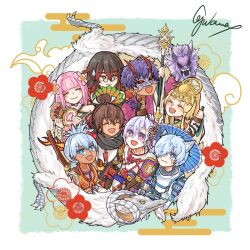  4girls 5boys animal_ears black_hair blonde_hair blue_eyes blunt_bangs bow brown_hair colored_skin commentary_request dark-skinned_male dark_skin eye_mask fubuki_(rune_factory) glasses gradient_hair green_eyes hair_between_eyes hair_tubes head_chain holding holding_staff horns japanese_clothes jewelry kaguya_(rune_factory) kai_(rune_factory) kanata_(rune_factory) kimono kurama_(rune_factory) long_hair looking_at_viewer mask matsuri_(rune_factory) metal_hair_tubes multicolored_hair multiple_boys multiple_girls oni oni_mask orange_skin pink_hair purple_kimono red_bow red_horns rune_factory rune_factory:_guardians_of_azuma staff subaru_(rune_factory) sun_hair_ornament ulalaka violet_eyes white_kimono wolf_boy wolf_ears woolby ykw_rf 