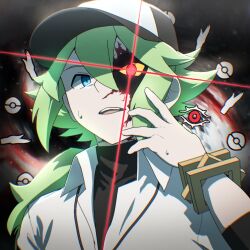  1boy atltax_00 baseball_cap black_hat black_shirt blue_eyes border bracelet corruption dress_shirt facing_to_the_side gold_bracelet green_hair hair_between_eyes hand_on_own_cheek hand_on_own_face hand_up hat highres jewelry light_particles long_sidelocks looking_to_the_side low_ponytail male_focus n_(pokemon) open_mouth ornate_border partially_unbuttoned pokemon pokemon_black_and_white ponytail red_eyes shirt shirt_under_shirt sidelocks space sweatdrop upper_body white_shirt 