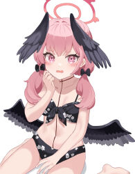  1girl bare_shoulders barefoot bikini black_bikini black_wings blue_archive blush collarbone commentary_request feathered_wings floral_print floral_print_bikini front-tie_bikini_top front-tie_top halo hand_on_own_face head_wings highres koharu_(blue_archive) koharu_(swimsuit)_(blue_archive) looking_at_viewer low_wings official_alternate_costume open_mouth pink_eyes pink_hair print_bikini red_halo simple_background sitting solo swimsuit user_happy_ruby wariza wavy_mouth white_background wings 