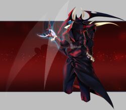  1boy 2boys ass blonde_hair blood blood_on_hands colored_skin cropped_legs darkstalkers demon demon_boy demon_horns demon_wings fingernails from_behind gloves hand_in_pocket head_wings horns invisible jedah_dohma long_hair male_focus multiple_boys muscular muscular_male protected_link red_background rozavamp sharp_fingernails solo white_gloves wings wrist_cuffs 