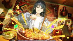  1girl :o black_eyes black_hair blush chilean_flag chromatic_aberration cola commentary copyright_notice cup dot_nose drinking_glass dutch_angle english_commentary faceted_glass facing_viewer food fork frying_pan grey_jacket guest_art highres holding holding_fork holding_spoon hoshino_ichika_(project_sekai) indoors jacket jar long_hair long_sleeves looking_at_food official_art open_clothes open_jacket open_mouth project_sekai puffy_long_sleeves puffy_sleeves second-party_source shirt sidelocks sitting soda solo_focus spoon t-shirt table upper_body white_shirt wooden_spoon xude 