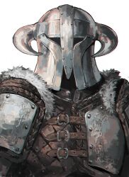  1other aoin armor belt chest_protector covered_face facing_viewer fake_horns fur_trim helm helmet horned_helmet horns multiple_belts original pauldrons shoulder_armor simple_background upper_body white_background 