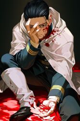 1boy absurdres belt black_eyes black_hair black_shoes blood blood_on_clothes blood_on_face blue_jacket blue_pants brown_belt cloak closed_mouth commentary_request facial_hair gaiters goatee golden_kamuy hair_slicked_back hand_on_own_face heterochromia highres imperial_japanese_army jacket long_sleeves looking_at_viewer male_focus military_uniform montutu_yupii ogata_hyakunosuke outstretched_arm pants red_eyes scar scar_on_cheek scar_on_face shoes short_hair sitting solo undercut very_short_hair white_cloak 