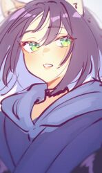  animal_ears belt black_hair blue_hoodie blush cho_kaguya-hime! choker eyelashes fox_ears fox_girl green_eyes highres hood hoodie japanese_clothes kimono looking_at_viewer open_mouth purple_kimono sakayori_iroha sher_(imnotsher) straight_hair white_background 