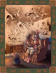  1girl 4boys aereschronicles armchair armor barefoot book cape chair child commentary dancing dungeons_&amp;_dragons english_commentary fantasy father_and_child father_and_son fighting furry grey_shirt highres holding holding_sword holding_weapon hooded_robe mouse_(animal) multiple_boys open_book open_mouth original parent_and_child red_shirt remembering robe running shirt sitting sleeveless sleeveless_shirt smile stairs sword theft weapon 