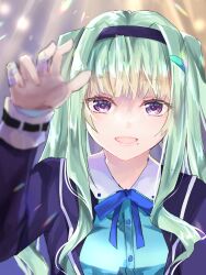  1girl :d aqua_shirt black_hairband blue_pupils blue_ribbon blurry commentary_request depth_of_field eyelashes green_hair hair_between_eyes hairband hand_up heaven_burns_red highres incoming_headpat jacket light_blush light_particles lips long_hair long_sleeves looking_at_viewer mole mole_under_mouth murofushi_risa neck_ribbon open_clothes open_jacket open_mouth purple_jacket reaching reaching_towards_viewer ribbon rin_0101010 shirt sidelocks smile solo twintails upper_body very_long_hair violet_eyes 